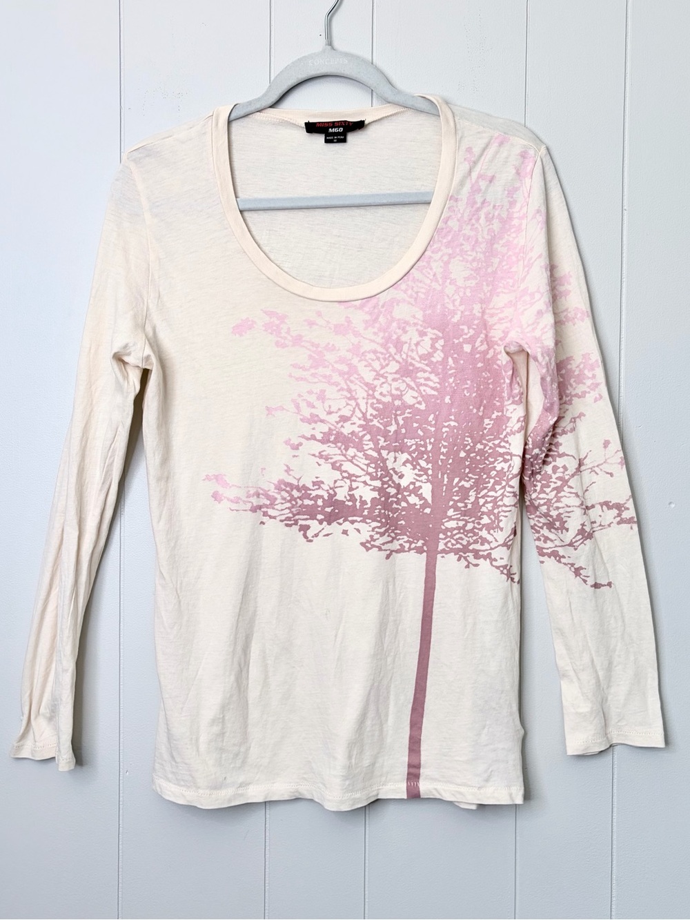 Miss Sixty Cream Long Sleeve Scoop Graphic Tee Pink Tree Y2K Organic Cotton M